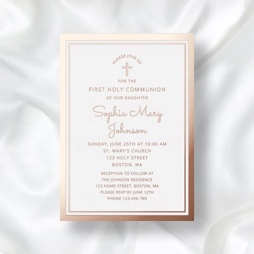 Elegant Script First Communion Rose Gold  Foil Invitation