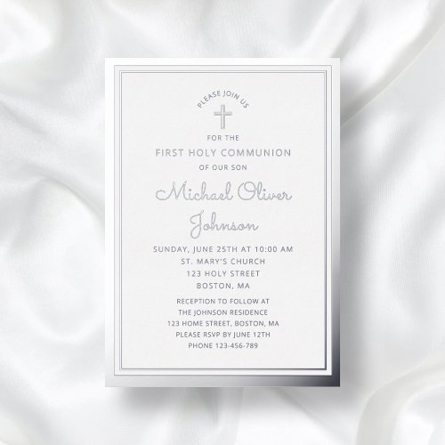 Elegant Script First Communion Silver Foil Invitation