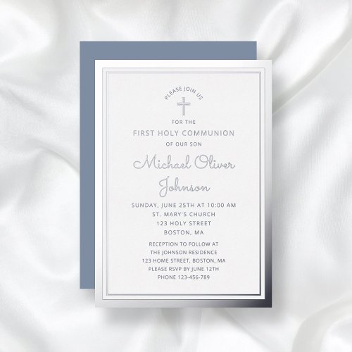 Elegant Script First Communion Silver Foil Invitation