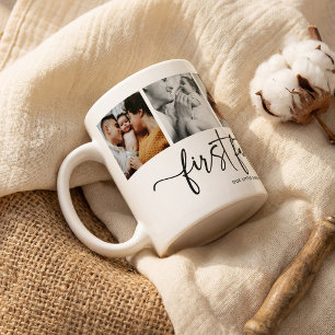 Elegant Script First Fathers Day 5 Photo Collage Coffee Mug