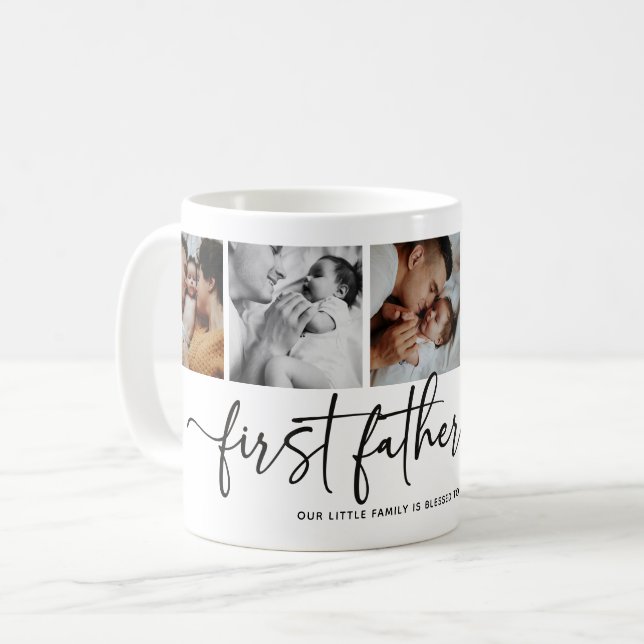Elegant Script First Fathers Day 5 Photo Collage Coffee Mug (Front Left)