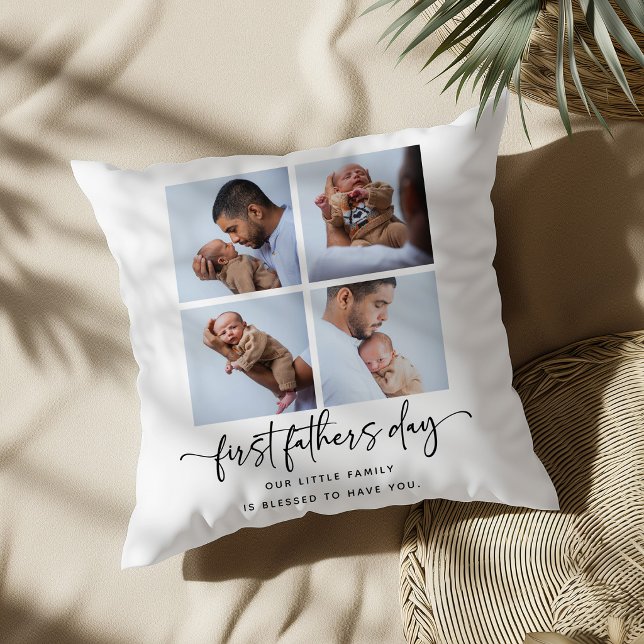 Elegant Script First Fathers Day 5 Photo Collage Throw Pillow (Creator Uploaded)
