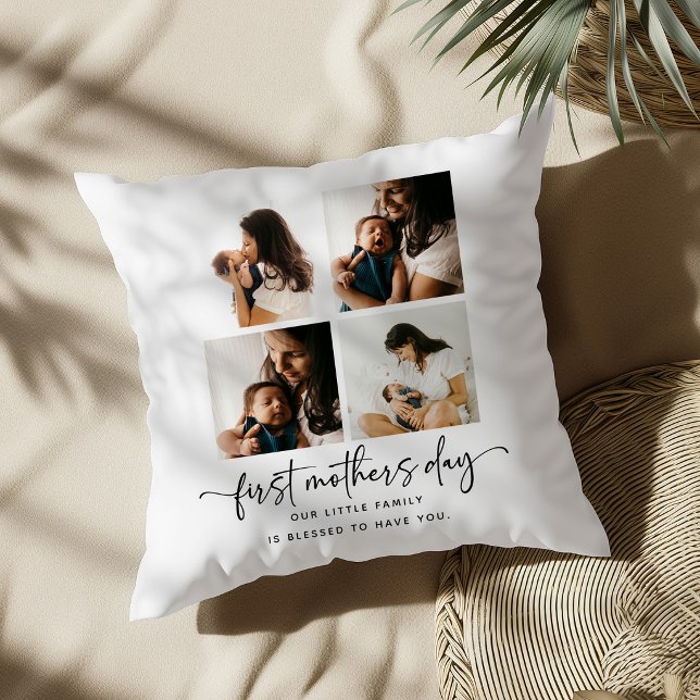 Elegant Script First Mothers Day 5 Photo Collage Throw Pillow (Creator Uploaded)