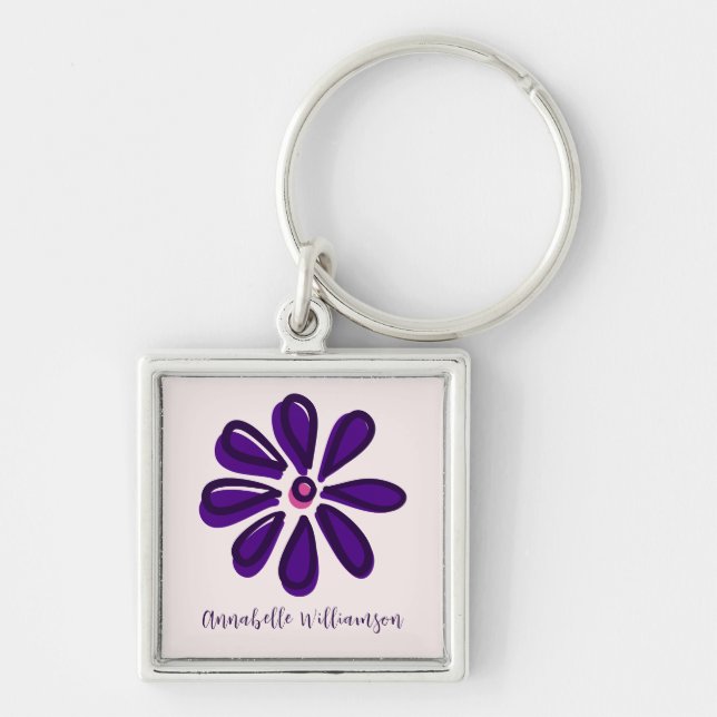 Elegant Script First Name Surname Flower Square Keychain (Front)