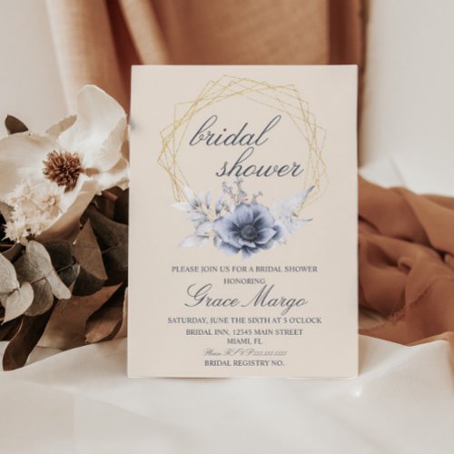 Elegant Script Floral Blue Beige Bridal Shower  Invitation