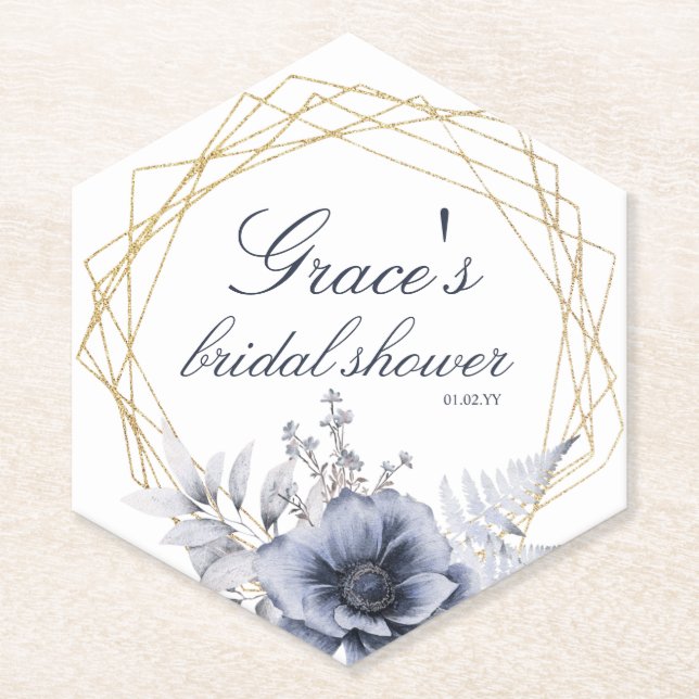 Elegant Script Floral Blue White Bridal Shower Paper Coaster (Front)