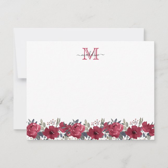Elegant Script Floral Burgundy Red Monogram Note Card (Front)