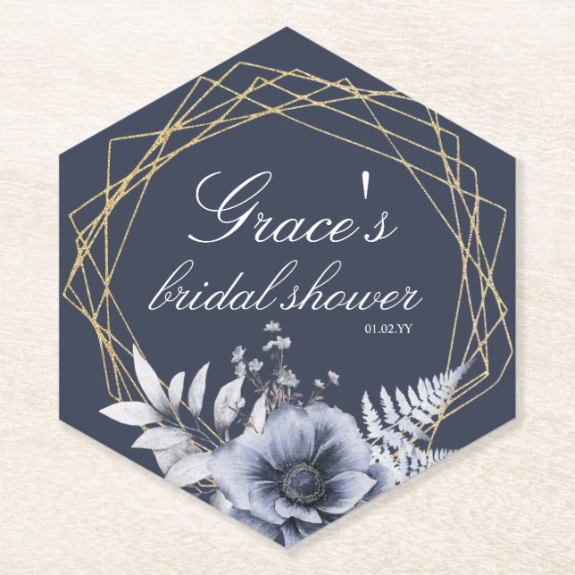 Elegant Script Floral Dusty Blue Bridal Shower  Paper Coaster (Front)