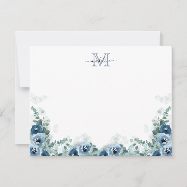Elegant Script Floral Dusty Blue Monogram Note Card (Front)