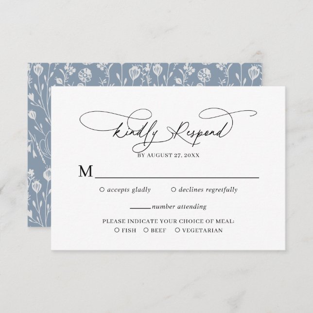 Elegant Script Floral Dusty Blue Wedding Rsvp Enclosure Card (Front/Back)