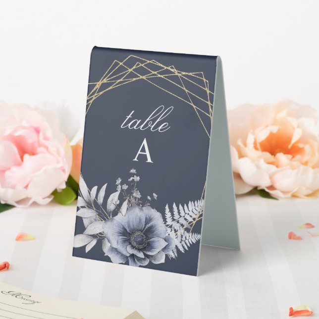 Elegant Script Floral Dusty Blue Wedding Table Tent (In SItu (Wedding))