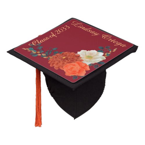 Elegant Script Floral Personalized Graduate  Graduation Cap Topper