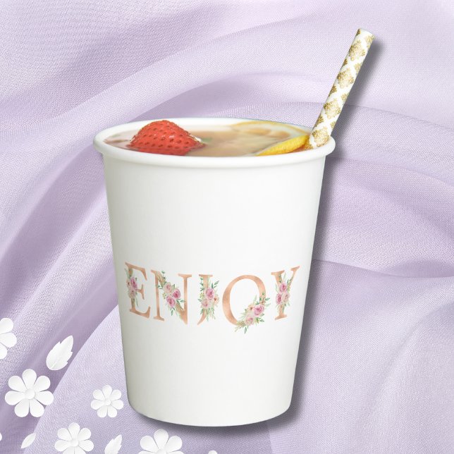 Elegant Script Floral Pink Roses Bridal Shower  Paper Cups (Creator Uploaded)