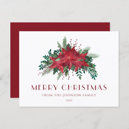 Elegant Script Floral Poinsettia Merry Christmas Postcard