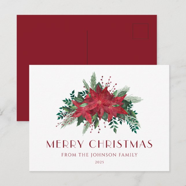 Elegant Script Floral Poinsettia Merry Christmas Postcard (Front/Back)
