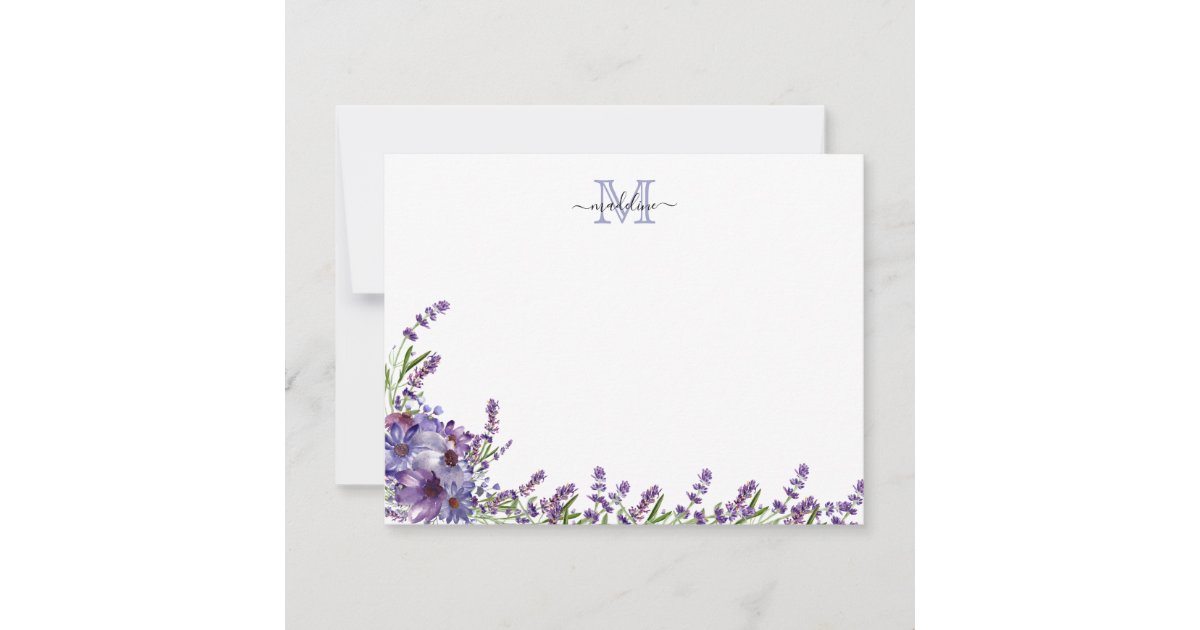 Elegant Script Floral Purple Lavender Monogram Not Note Card | Zazzle