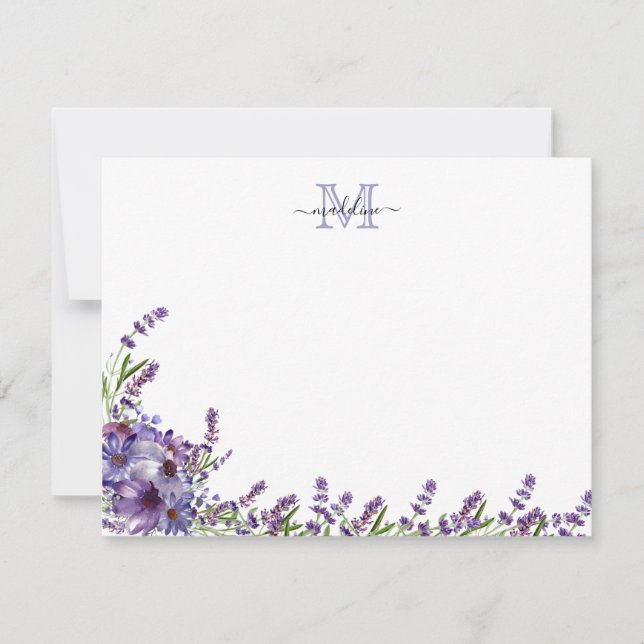 Elegant Script Floral Purple Lavender Monogram Not Note Card (Front)