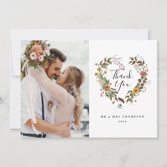 Elegant Script Floral Wedding Thank You Card (Front)