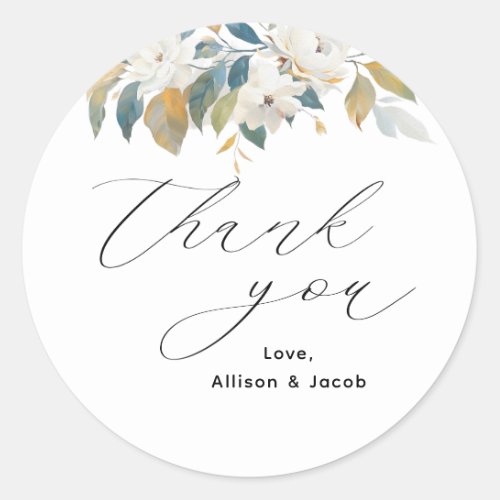Elegant Script Floral Wedding Thank You Classic Round Sticker