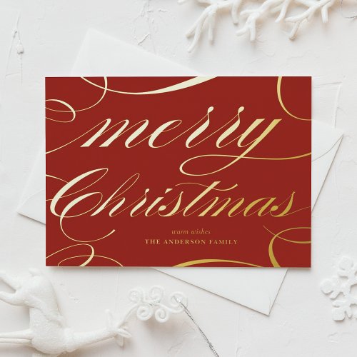 Elegant Script Flourish Red Merry Christmas Foil Holiday Postcard