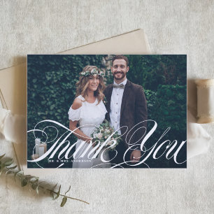 Elegant Script Flourish White Photo Wedding Letterpress Thank You Card