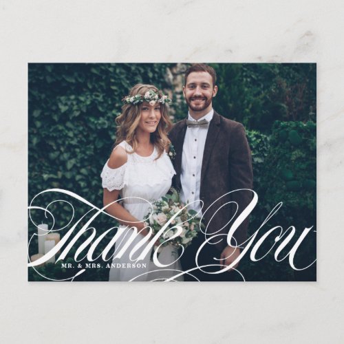 Elegant Script Flourish White Photo Wedding Thank Postcard