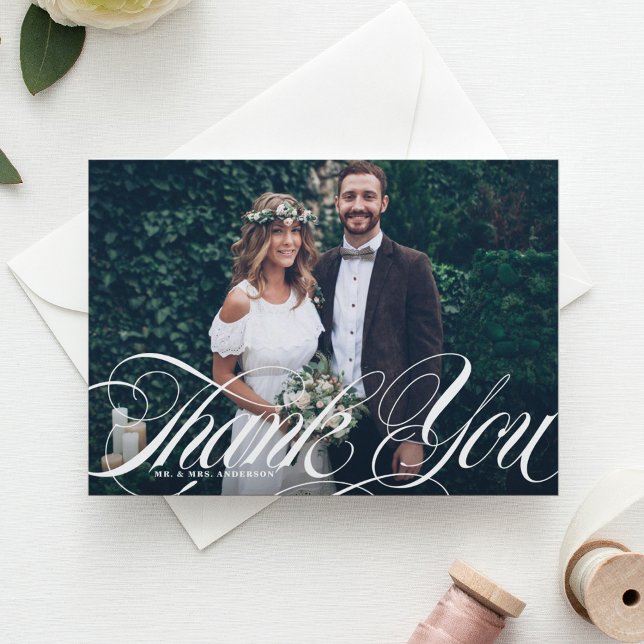 Elegant Script Flourish White Photo Wedding Thank Postcard (Creator Uploaded)