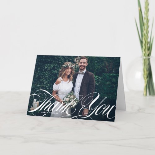 Elegant Script Flourish White Photo Wedding Thank You Card