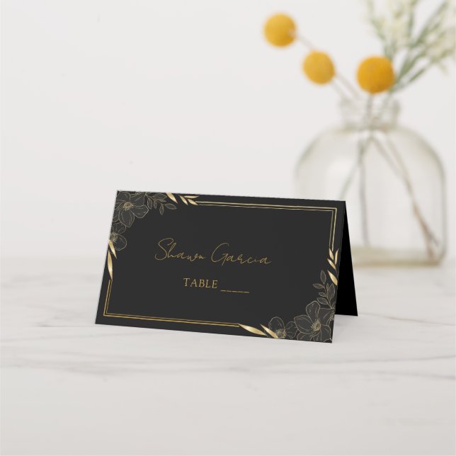 Elegant Script Flourishes Black & Gold Wedding Pla Place Card (Front)