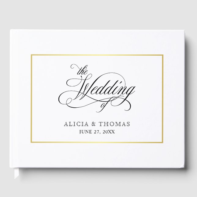 Elegant Script Flourishes Calligraphy Wedding Guest Book (Front)