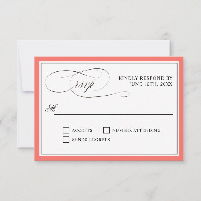 Elegant Script Flourishes RSVP Coral Border Card (Front)