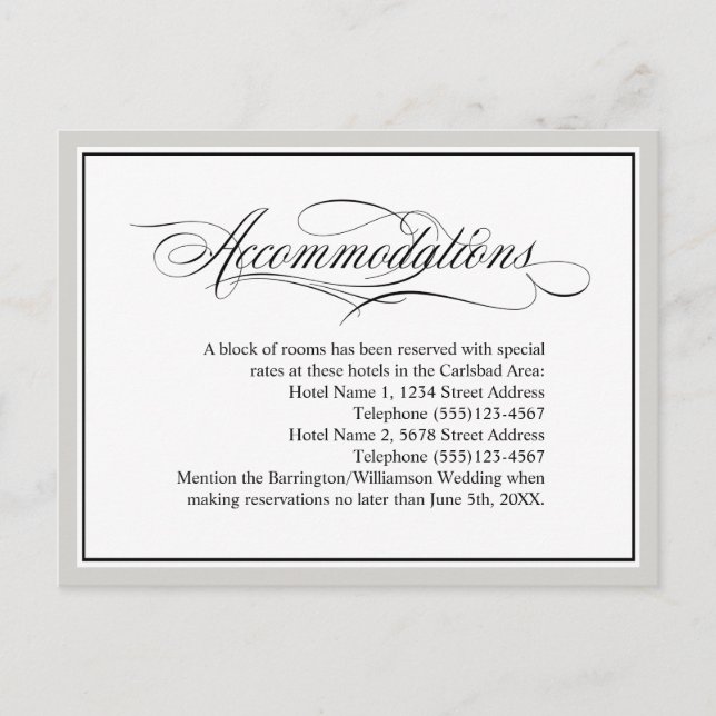 Elegant Script Flourishes Wedding Accommodations Postcard (Front)
