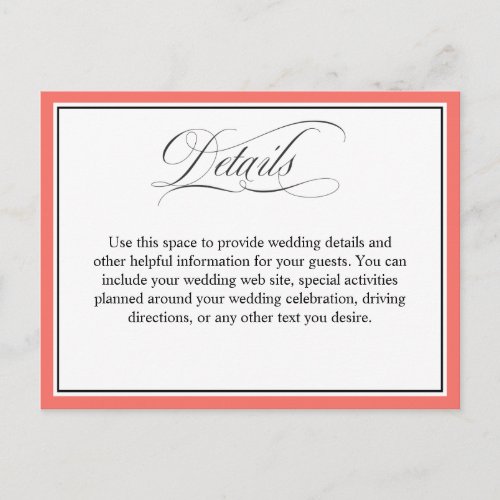 Elegant Script Flourishes Wedding Details Coral Postcard
