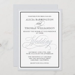 Elegant Script Flourishes with Any Silver Border Invitation