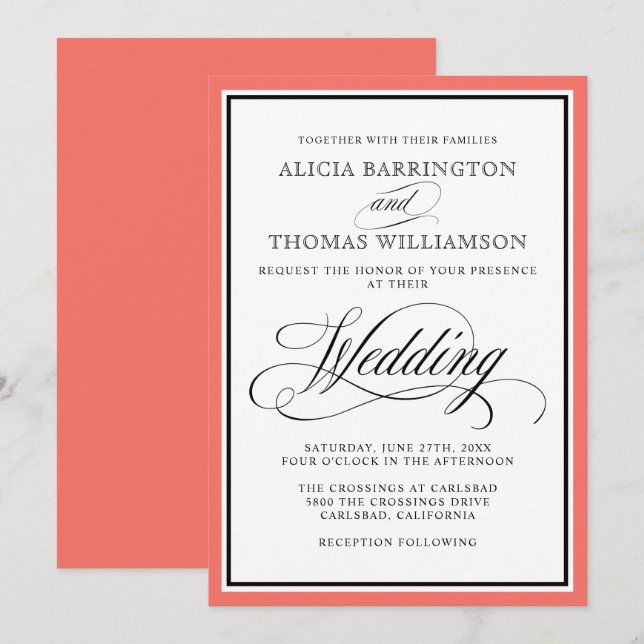 Elegant Script Flourishes with Coral Border Invitation (Front/Back)