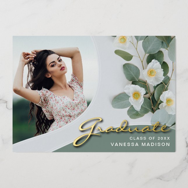 Elegant Script Flowers | Modern Photo Grad Card (Front)