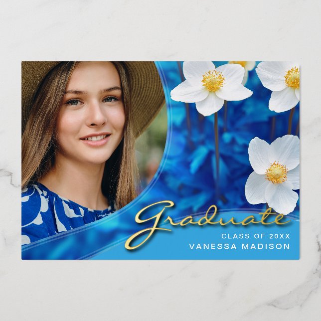 Elegant Script Flowers | Modern Photo Grad Card (Front)