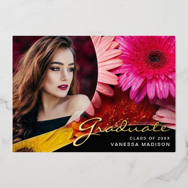 Elegant Script Flowers | Modern Photo Grad Card (Front)
