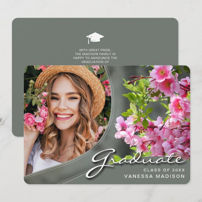 Elegant Script Flowers Sage | Modern Photo Grad Announcement (Front/Back)