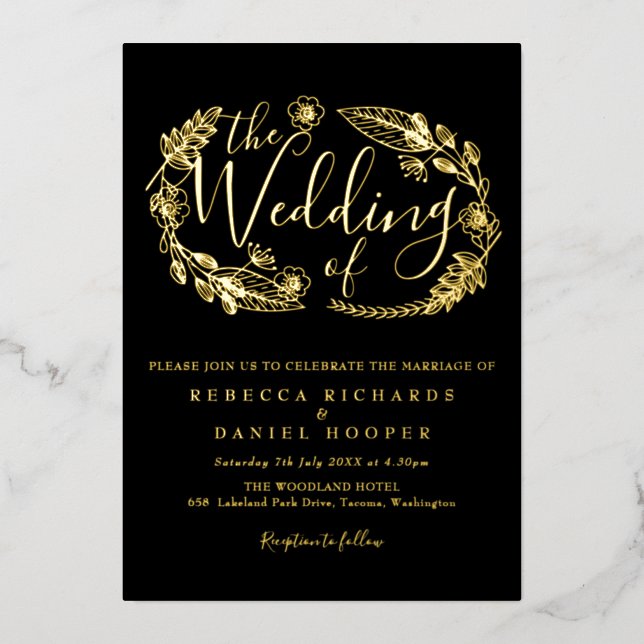Elegant Script Foliage Wedding Black And Gold Foil Foil Invitation (Front)