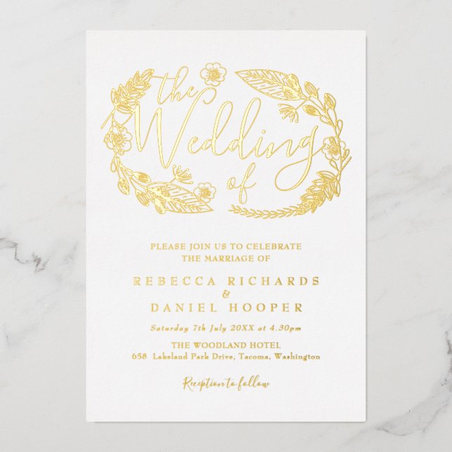 Elegant Script Foliage Wedding Gold Foil Invitatio Invitation (Front)