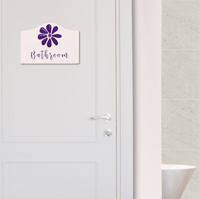 Elegant Script Font Dark Purple Flower Doodle Bath Door Sign (Elegant Script Font Dark Purple Flower Doodle Bath Door Sign)