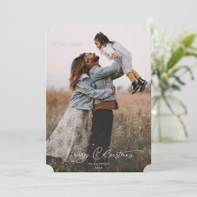 Elegant Script Font Merry Christmas Photo Holiday Card (Standing Front)