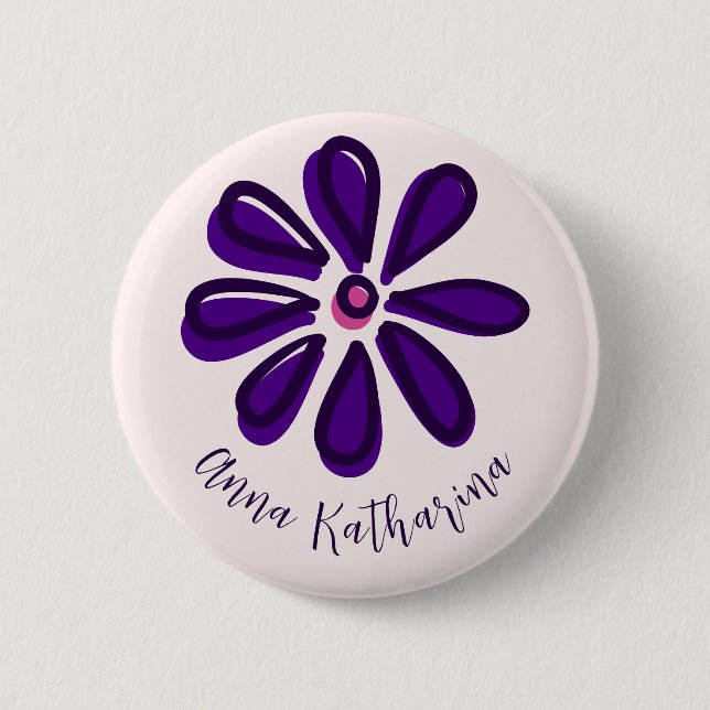 Elegant Script Font Name Purple Flower Doodle Button (Front)