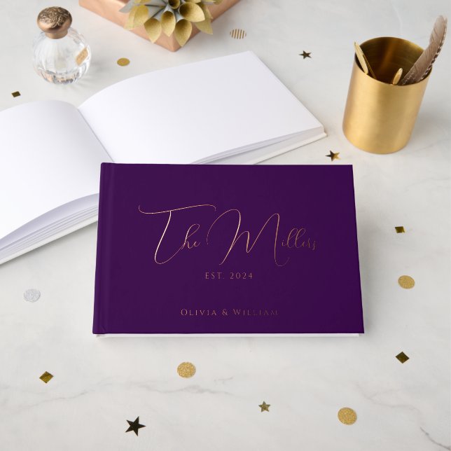 Elegant Script Font Plum & Rose Gold Wedding Foil Guest Book (Front Open)
