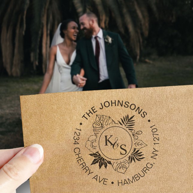 Elegant Script Font Tropical Wreath Monogram Self-inking Stamp (Creator Uploaded)