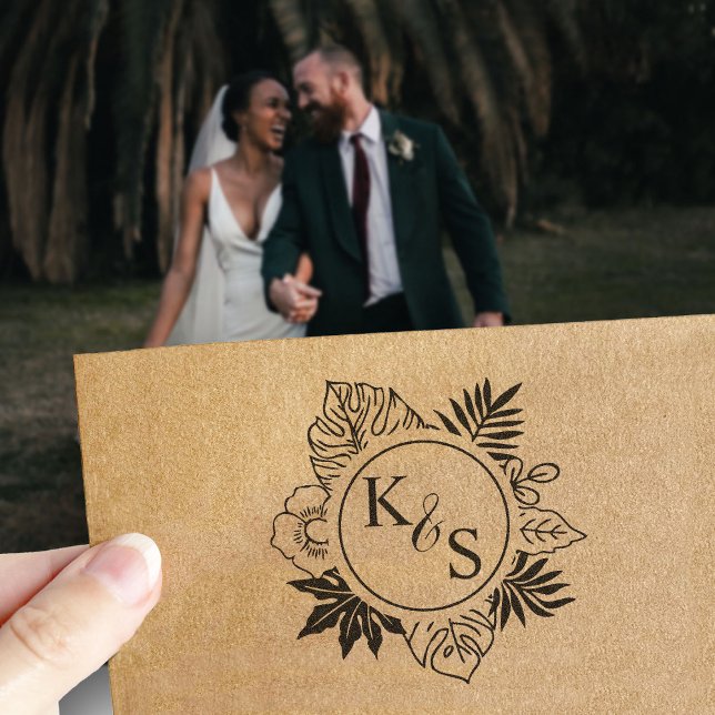Elegant Script Font Tropical Wreath Monogram Self-inking Stamp (Creator Uploaded)