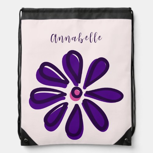 Elegant Script Font Your Name Purple Flower Doodle Drawstring Bag