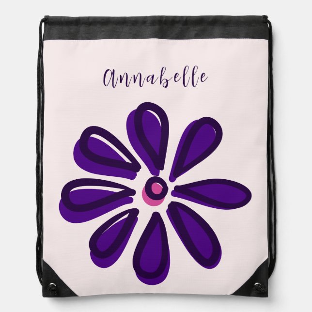Elegant Script Font Your Name Purple Flower Doodle Drawstring Bag (Front)