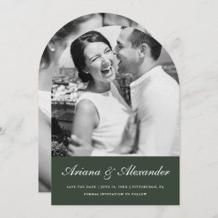 Elegant Script Forest Green Arch Photo Wedding Save The Date